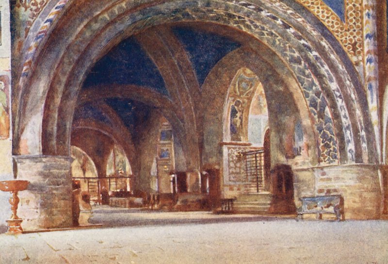 Dolní kostel S Francesco, Assisi (barevná litografie) od Alberto Pisa