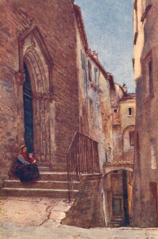 Vicolo S Agnese, Perugia (barevná litografie) od Alberto Pisa