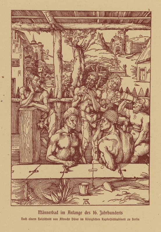 Pánské lázně, počátek 16. století (barevná litografie) od Albrecht (after) Durer or Duerer