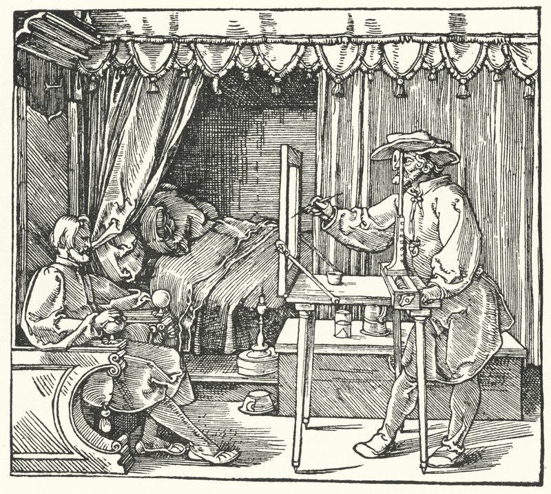Způsob výroby obrazu v měřítku vyznačením obrysů předmětu na tabuli skla (rytina) od Albrecht (after) Durer or Duerer