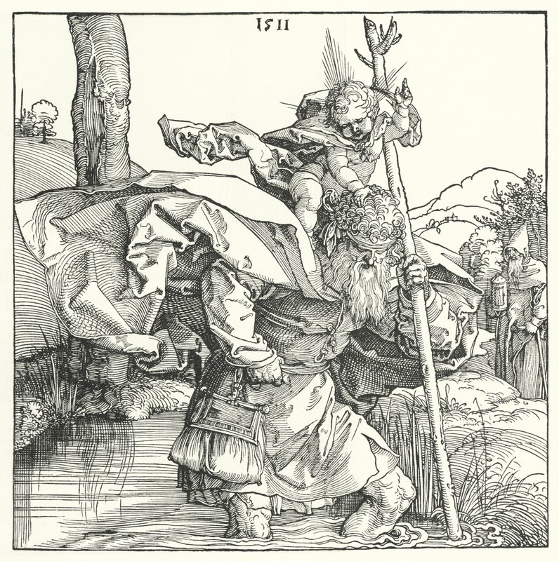 St Christopher Carrying the Infant Christ (rytina) od Albrecht (after) Durer or Duerer