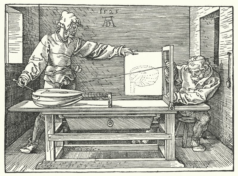 Použití strun ke konstrukci perspektivního obrazu loutny (rytina) od Albrecht (after) Durer or Duerer