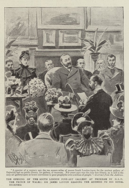 Otevření jiholondýnské galerie výtvarného umění v Peckhamu Jeho královskou Výsostí princem z Walesu, Sir James Linton čte proslov k Jeho královské Výsosti od Alexander Stuart Boyd
