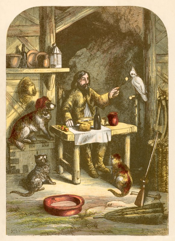 Robinson Crusoe na večeři se svou malou rodinou od Alexander Francis Lydon