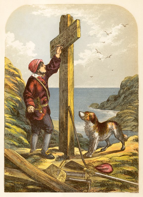 Robinson Crusoe staví sloup na břehu od Alexander Francis Lydon