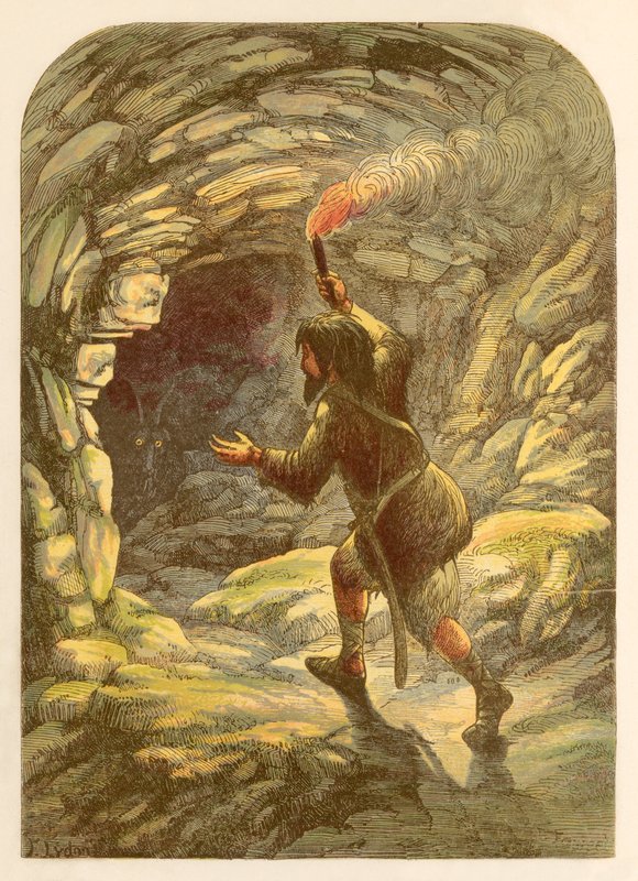 Robinson Crusoe vyděšený kozou v jeskyni od Alexander Francis Lydon