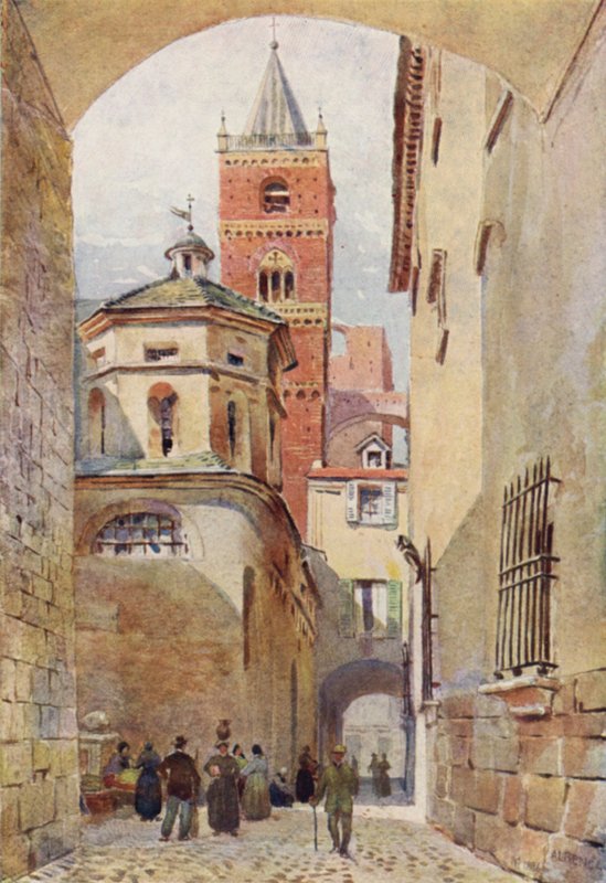 Albenga, katedrální věž a baptisterium (barevné lito) od Alexander Henry Hallam Murray