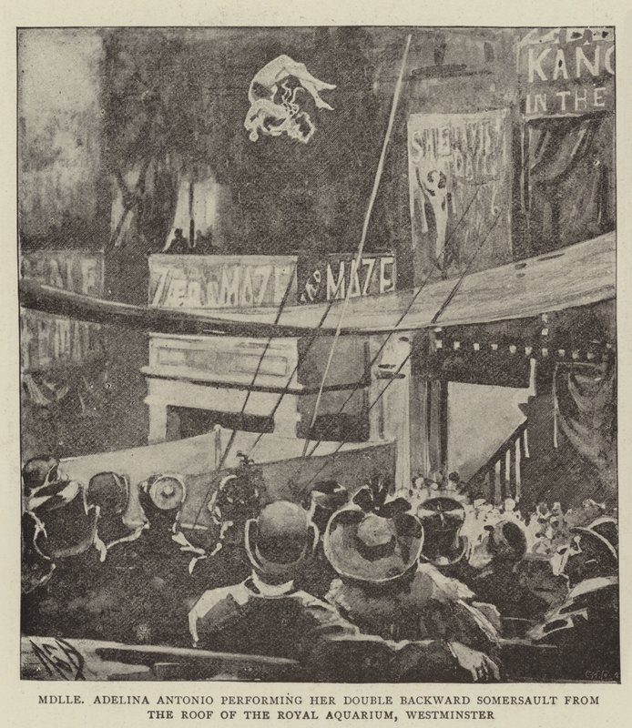 Mademoiselle Adelina Antonio předvádí své dvojité salto vzad ze střechy královského akvária, Westminster od Alexander Stuart Boyd