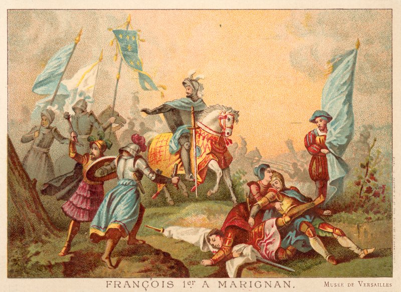 František I. Francouzský v bitvě u Marignana, 1515 (chromolitho) od Alexandre Evariste Fragonard
