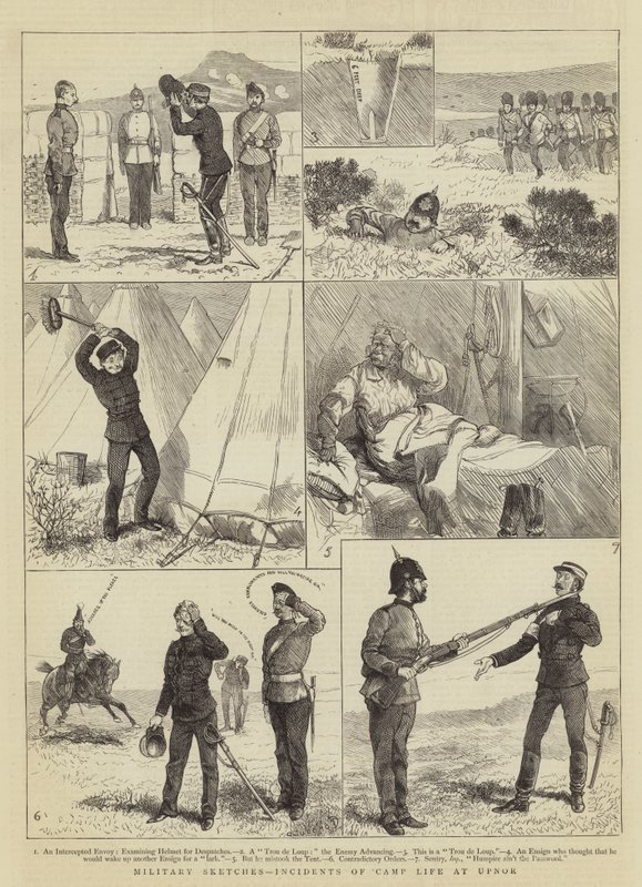 Vojenské náčrtky, incidenty táborového života v Upnoru od Alfred Chantrey Corbould