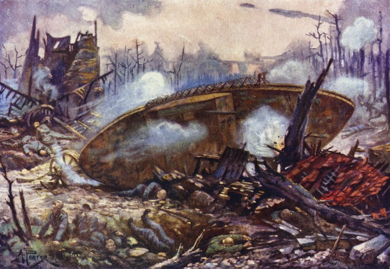 Kapitán Arthur Inglis z Gloucester Regiment, přijíždějící se svým tankem vpřed po velmi obtížném terénu poté, co mu prasklo jedno z kol, první světová válka od Alfred Pearse