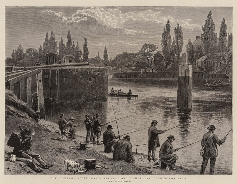 Rekreace kontemplativního člověka, rybaření na zdymadle Teddington Lock od Alfred W. Cooper
