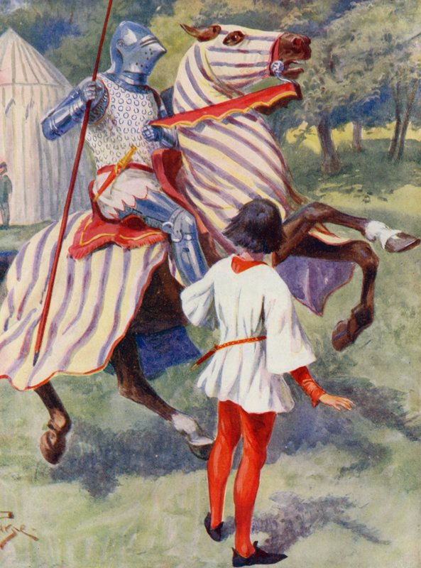 Merrie England: Mladý rytíř (barevná litografie) od Alfred (after) Pearse