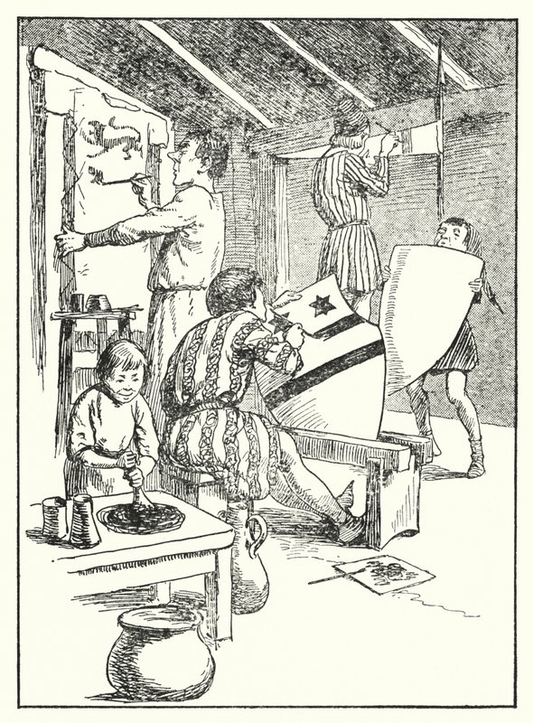 Merrie England: Malování štítů a plášťů (litografie) od Alfred (after) Pearse