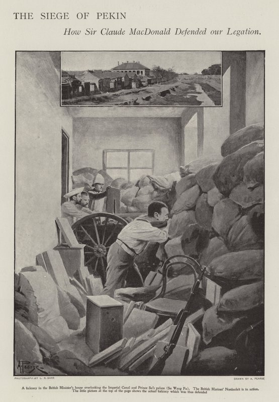 Obrana obleženého britského vyslanectví v Pekingu během boxerského povstání (litho) od Alfred (after) Pearse