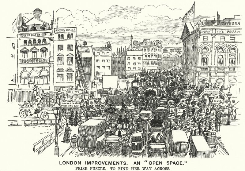 Punch cartoon: London Improvements. "Open Space" - dopravní zácpa ve viktoriánském Londýně (rytina) od Alfred Chantrey Corbould