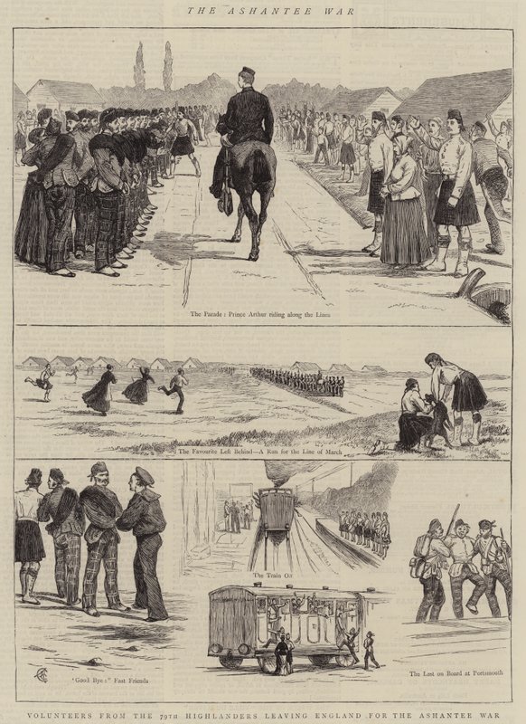Válka v Ashantee, dobrovolníci ze 79. Highlanders opouštějící Anglii do války v Ashantee od Alfred Chantrey Corbould