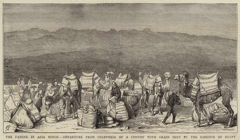 Hladomor v Malé Asii, odjezd konvoje s obilím z Celephkie vyslaného egyptským Khedivem od Alfred Chantrey Corbould