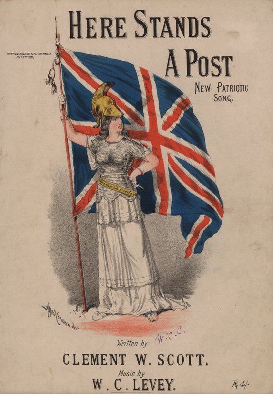 Here Stands a Post, New Patriotic Song - Britannia holding Union Jack (color litho) od Alfred Concanen