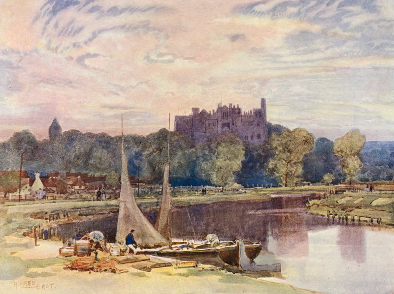 Hrad Arundel, od řeky Arun (barevná litografie) od Alfred East