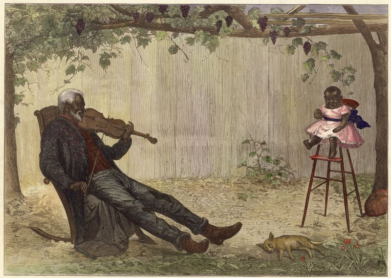 Starý černoch hrající dítěti na housle (kolorovaná rytina) od Alfred Edward (after) Emslie