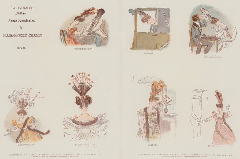Faksimile originálních akvarelových kreseb navržených tak, aby satirizovaly módu v ženských pokrývkách hlavy roku 1828 (chromolitho) od Alfred Edward Chalon