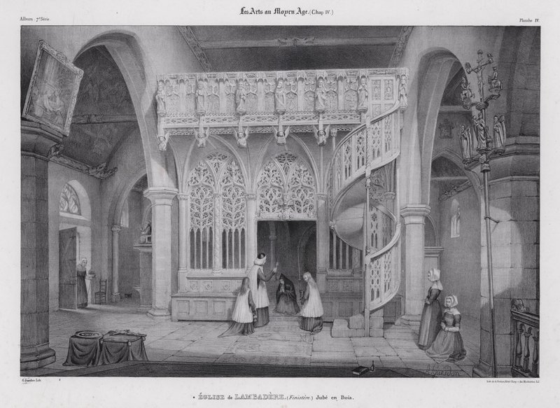 Vyřezávaná dřevěná zástěna kaple Notre Dame de Lambader, Plouvorn, Bretaň, Francie (litho) od Alfred Guesdon