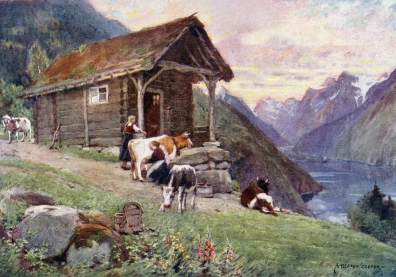 A Saeter, Vetle Fjord (barevné lito) od Alfred Heaton Cooper