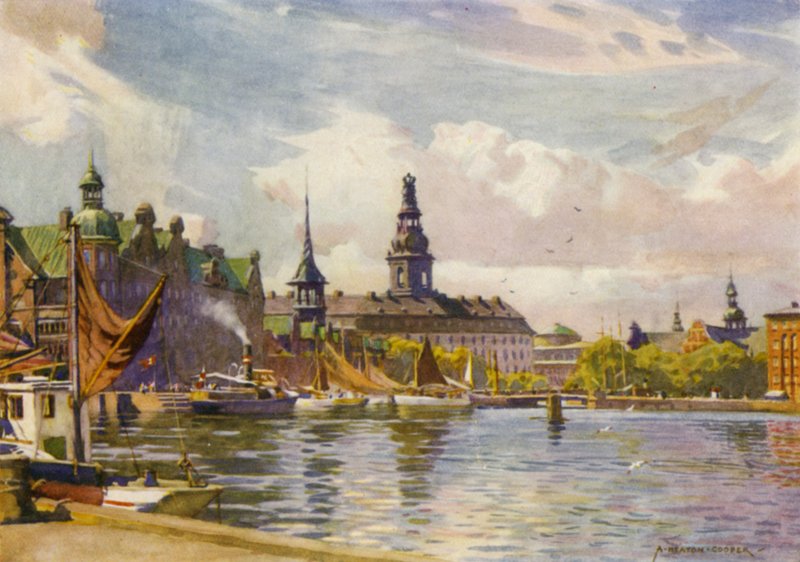 Dánsko: Kodaň, zámek Christiansborg (barevné lito) od Alfred Heaton Cooper