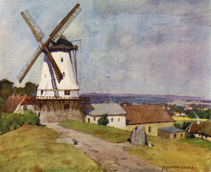 Dánsko: Dybbol Mill, Sonderborg, na bitevním poli roku 1864 (barva litho) od Alfred Heaton Cooper