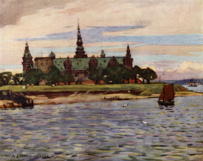 Dánsko: Helsingor, hrad Kronborg (barevné lito) od Alfred Heaton Cooper