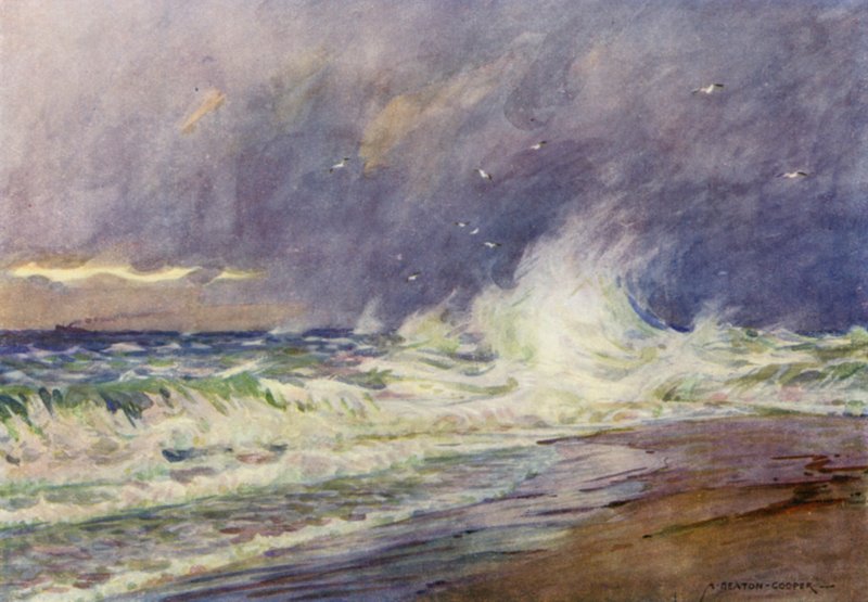 Dánsko: Skaw, setkání Severního moře a Kattegatu (barevné lito) od Alfred Heaton Cooper