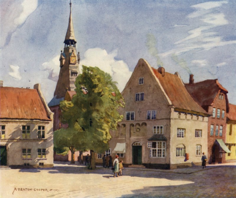 Dánsko: Tonder, středověké město v severním Slesvigu (barevné lito) od Alfred Heaton Cooper