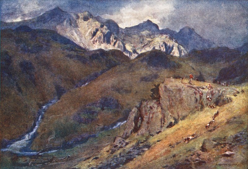 Lake District: (barevná litografie): A Fell Fox-hunt, Head of Eskdale and Scawfell (barevná litografie) od Alfred Heaton Cooper