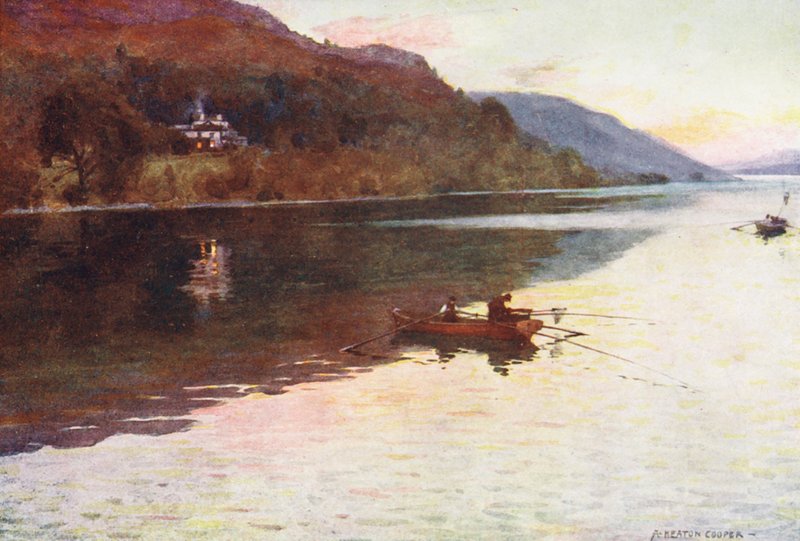 Lake District: Brantwood, Coniston Lake, lov mníků (barevná litografie) od Alfred Heaton Cooper