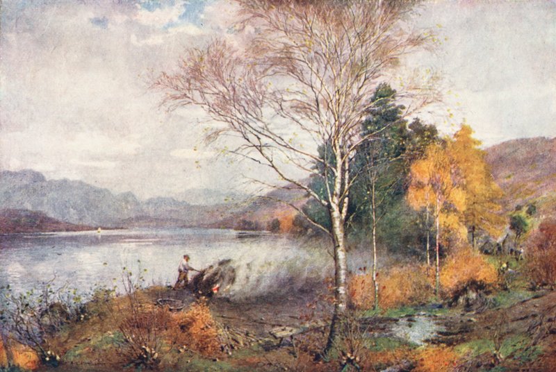 Lake District: Charcoal-Burners, Coniston Lake (barevná litografie) od Alfred Heaton Cooper