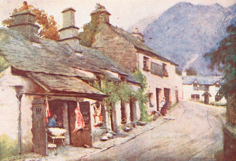 Lake District: Coniston Village, staré řeznictví (barevná litografie) od Alfred Heaton Cooper
