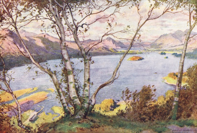 Lake District: Derwentwater a jezero Bassenthwaite, od High Lodore (barevná litografie) od Alfred Heaton Cooper