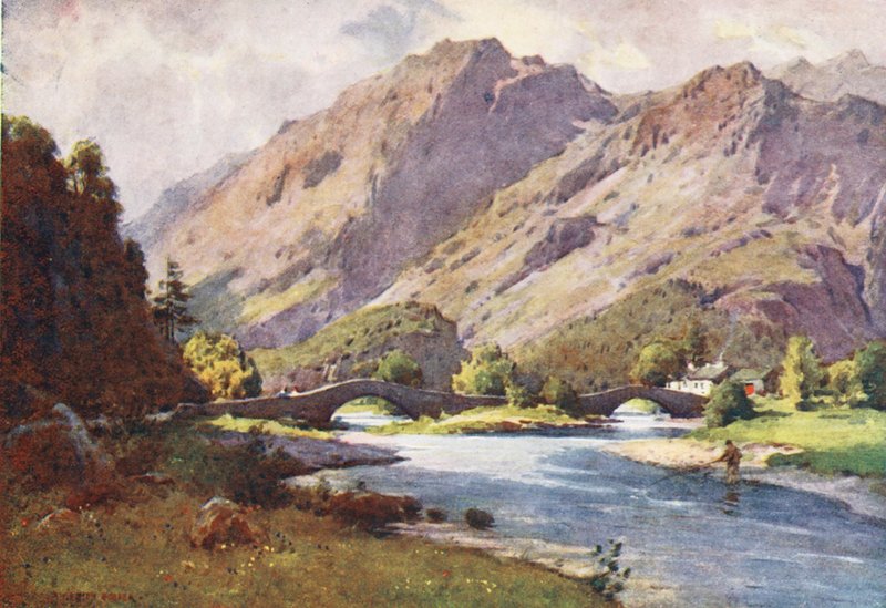 Lake District: Grange in Borrowdale, časně ráno (barevná litografie) od Alfred Heaton Cooper