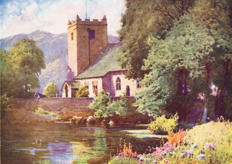 Lake District: Grasmere Church (barevná litografie) od Alfred Heaton Cooper