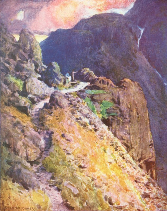 Lake District: Blízko vrcholu Styhead Pass, Wastdale (barevná litografie) od Alfred Heaton Cooper
