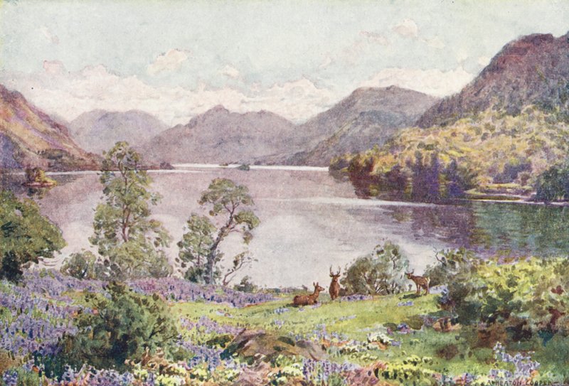 Lake District: Ullswater, z parku Gowbarrow, parné červnové ráno (barevná litografie) od Alfred Heaton Cooper