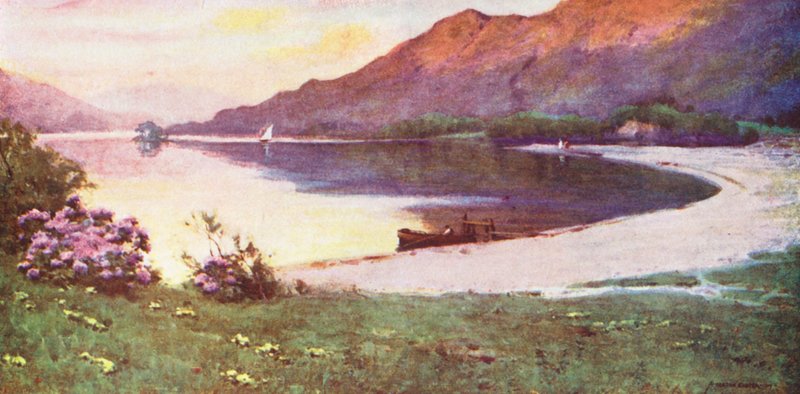 Lake District: Ullswater, Stříbrná stezka, posvícení (barevná litografie) od Alfred Heaton Cooper