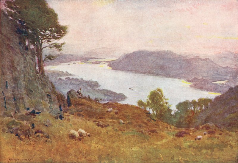 Lake District: Windermere z Wansfellu, západ slunce (barevná litografie) od Alfred Heaton Cooper