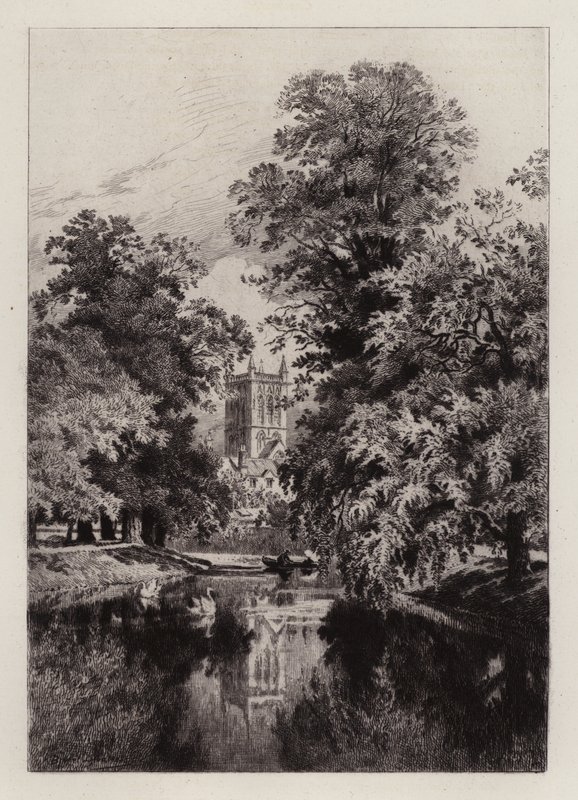 Cambridge: Cam poblíž Trinity College, s věží kaple svatého Jana (lept) od Alfred Louis Brunet Debaines