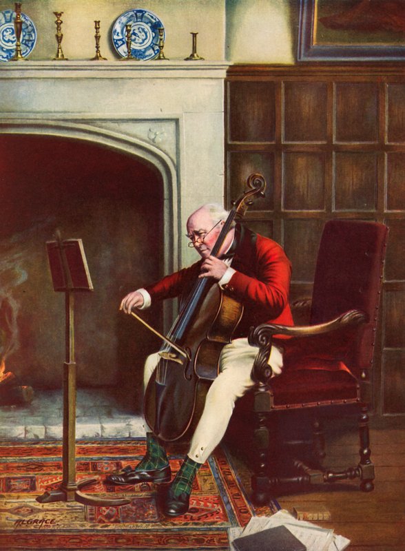 Obtížná pasáž - muž cvičící na violoncello před ohněm (barva lito) od Alfred Lyndon Grace