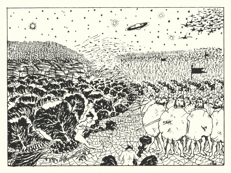 Lucianova Pravdivá historie: (rytina): Vzdušná bitva na pláni Pavoučí sítě od Alfred Payne Garnett