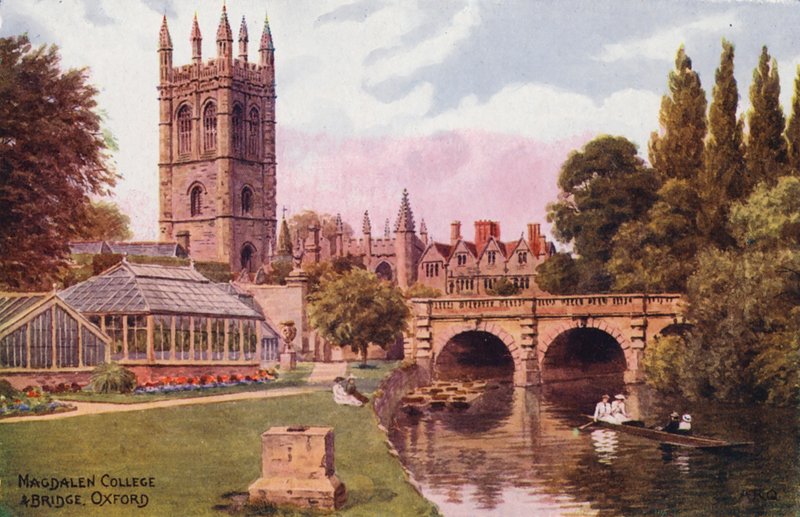 Oxford: Magdalen College and Bridge (barevná litografie) od Alfred Robert Quinton