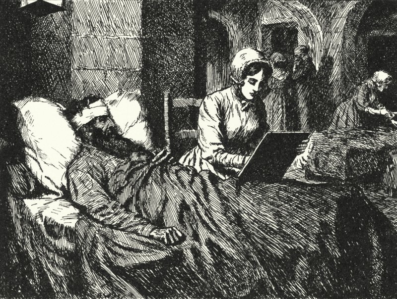 Anglická zdravotní sestra Florence Nightingaleová píše dopis pro vojáka zraněného v krymské válce v nemocnici Scutari, 1855 od Alfred Wallis Mills