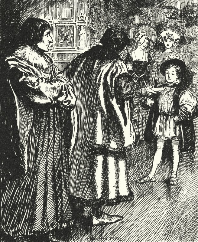 Erasmus sledoval, jak sir Thomas More představuje báseň, kterou napsal mladému princi Jindřichovi, budoucímu králi Jindřichu VIII od Alfred Wallis Mills